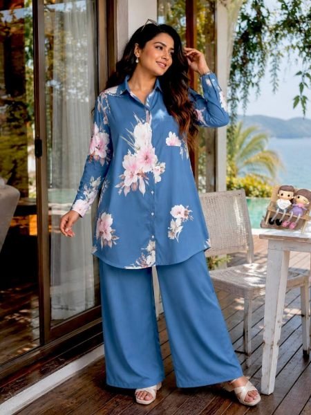 Trendy Blue Butter Silk Shirt Palazzo Set for Party and Casual Wear Kurtis