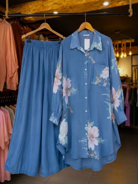 Trendy Blue Butter Silk Shirt Palazzo Set for Party and Casual Wear CO ORD Sets