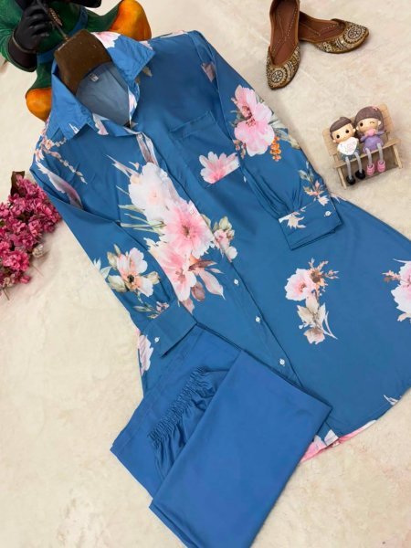 Trendy Blue Butter Silk Shirt Palazzo Set for Party and Casual Wear CO ORD Sets