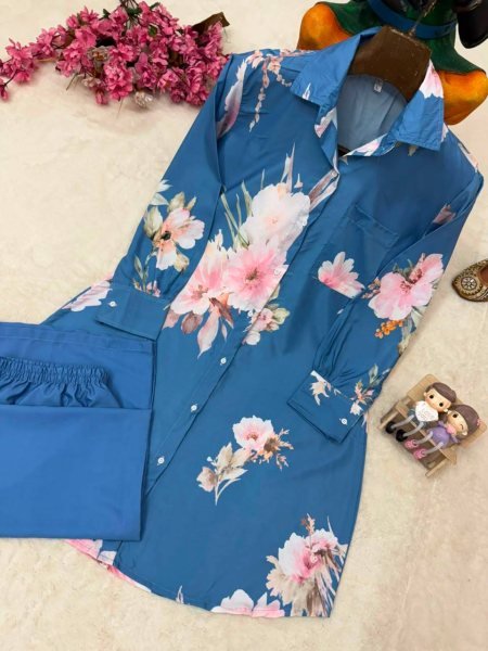 Trendy Blue Butter Silk Shirt Palazzo Set for Party and Casual Wear CO ORD Sets