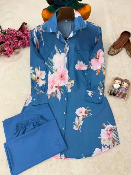 Trendy Blue Butter Silk Shirt Palazzo Set for Party and Casual Wear CO ORD Sets
