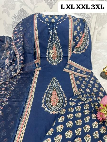 Trendy Blue Cotton Kurta Pant Set with Hand Work and Matching Dupatta For Daily Wear Cotton Kurtis Wholesale