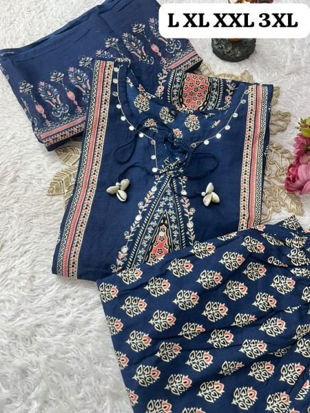 Trendy Blue Cotton Kurta Pant Set with Hand Work and Matching Dupatta For Daily Wear Cotton Kurtis Wholesale