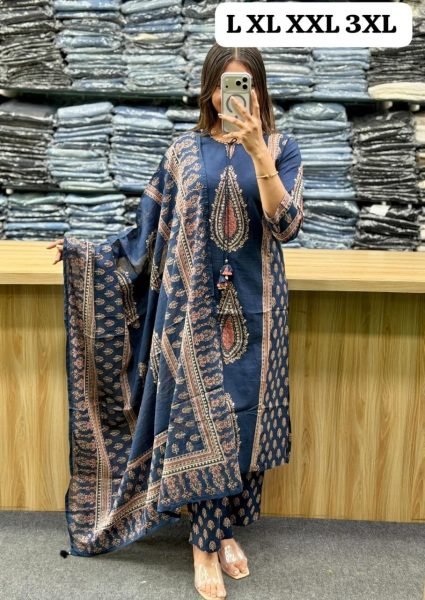 Trendy Blue Cotton Kurta Pant Set with Hand Work and Matching Dupatta For Daily Wear Cotton Kurtis Wholesale