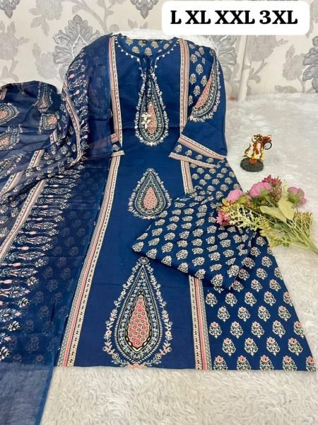Trendy Blue Cotton Kurta Pant Set with Hand Work and Matching Dupatta For Daily Wear Cotton Kurtis Wholesale