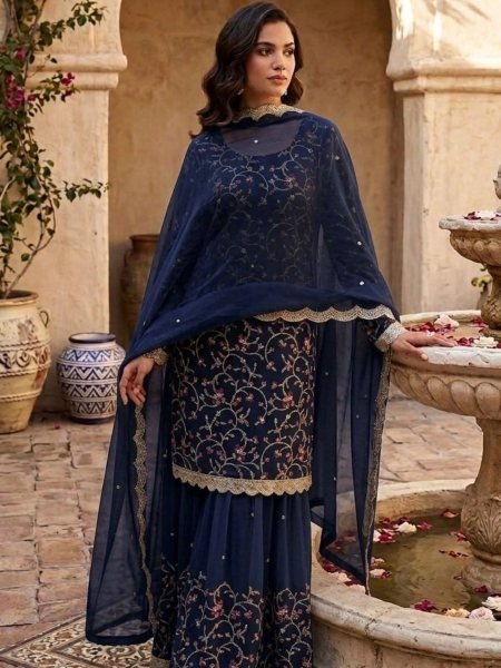 Trendy Blue Georgette Sequins Embroidered Sharara Suit for Wedding Functions