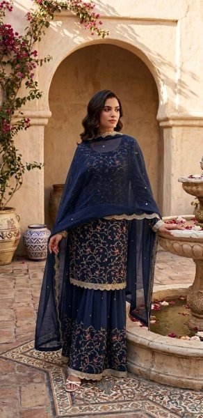 Trendy Blue Georgette Sequins Embroidered Sharara Suit for Wedding Functions Ready To Wear Collection
