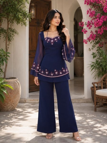 Trendy Blue Premium Georgette Embroidered Kurti Set with Solid Palazzo for Women Kurtis
