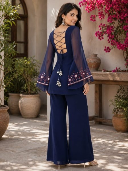 Trendy Blue Premium Georgette Embroidered Kurti Set with Solid Palazzo for Women Embroidery Kurtis 