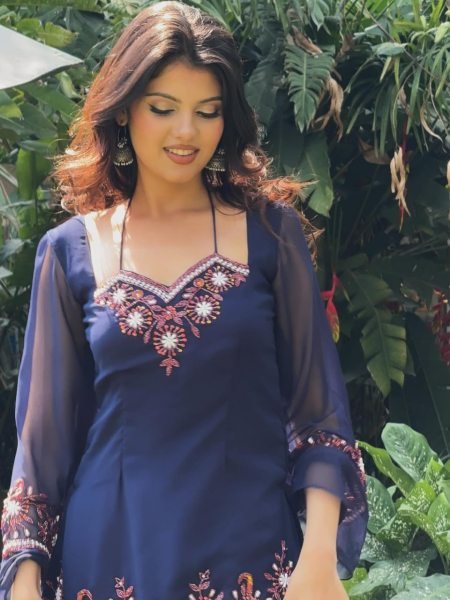 Trendy Blue Premium Georgette Embroidered Kurti Set with Solid Palazzo for Women Embroidery Kurtis 