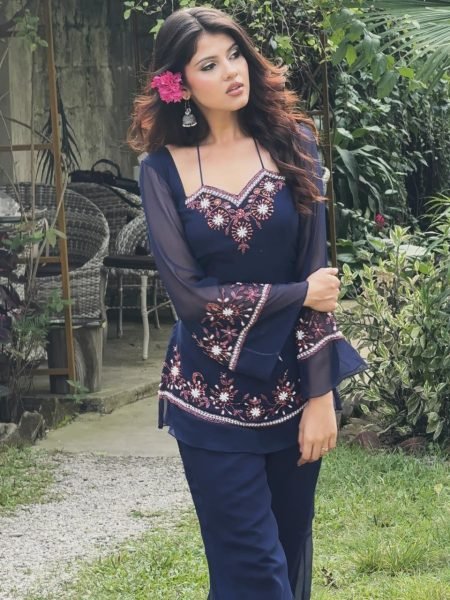 Trendy Blue Premium Georgette Embroidered Kurti Set with Solid Palazzo for Women Embroidery Kurtis 