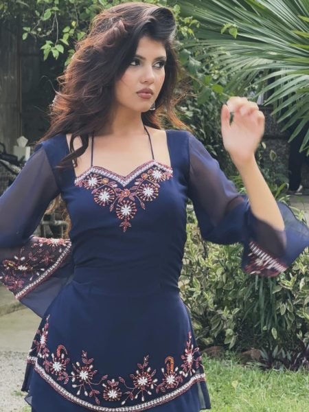 Trendy Blue Premium Georgette Embroidered Kurti Set with Solid Palazzo for Women Embroidery Kurtis 