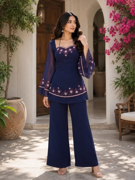 Trendy Blue Premium Georgette Embroidered Kurti Set with Solid Palazzo for Women Embroidery Kurtis 