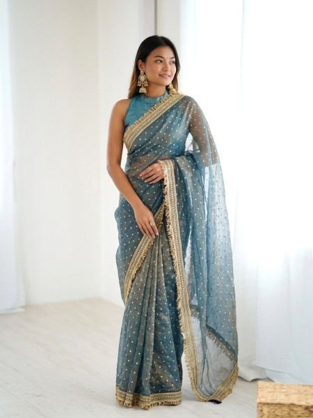Trendy Blue Viscose Jacquard Butti Silk Saree With Fancy Lace Border at Wholesale Rate 