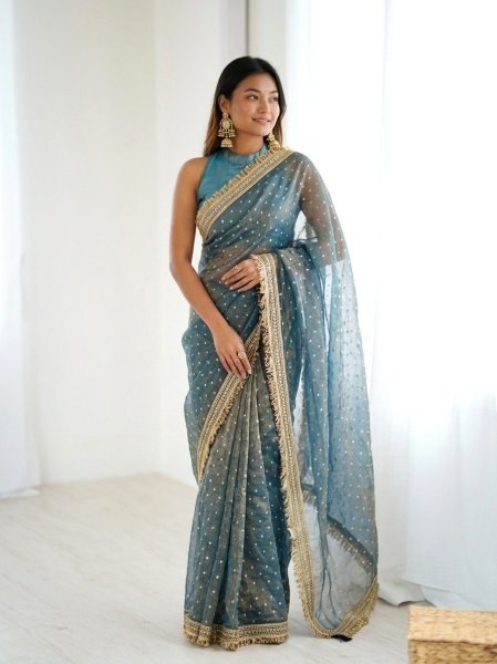 Trendy Blue Viscose Jacquard Butti Silk Saree With Fancy Lace Border at Wholesale Rate Silk Sarees Wholesale