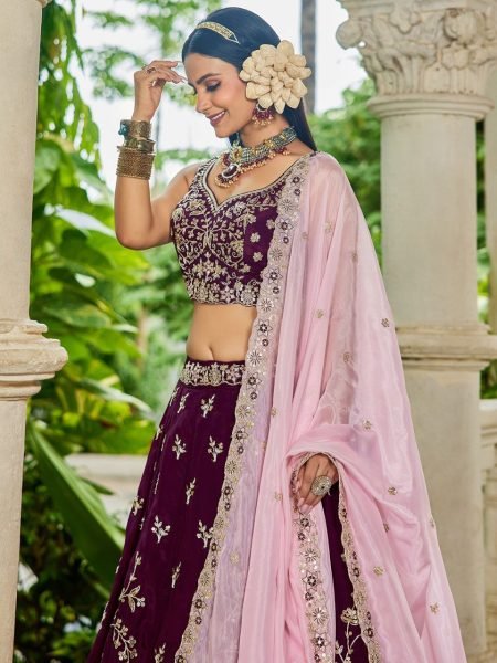 Burgundy Organza Bridal Lehenga with Pink Dupatta Wedding Ready at Manufacturer Rate Bridal Lehenga Choli