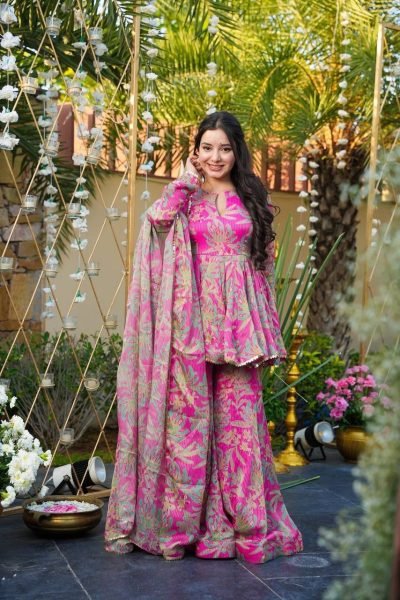 Trendy Chinon Silk Digital Printed Top Bottom Suit Set with Sequins Lace Dupatta for party wear Ready To Wear Collection