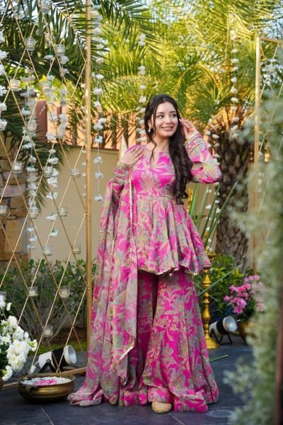 Trendy Chinon Silk Digital Printed Top Bottom Suit Set with Sequins Lace Dupatta for party wear Ready To Wear Collection