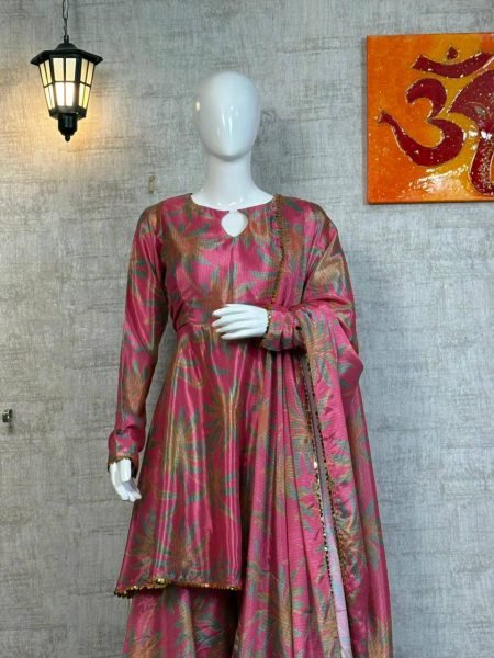Trendy Chinon Silk Digital Printed Top Bottom Suit Set with Sequins Lace Dupatta for party wear Ready To Wear Collection
