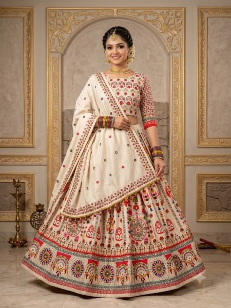Trendy Cream Designer Muslin Cotton Lehenga Choli with Real Mirror Work at Wholesale Rate  Lehenga