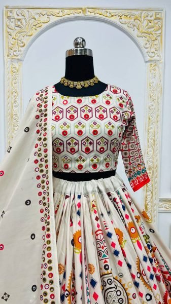 Trendy Cream Designer Muslin Cotton Lehenga Choli with Real Mirror Work at Wholesale Rate Navratri Lehnega Choli