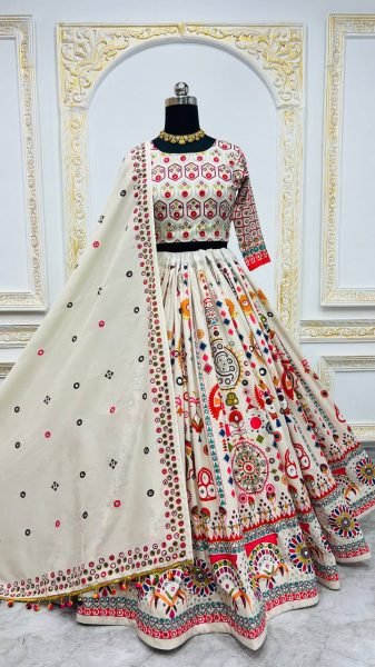 Trendy Cream Designer Muslin Cotton Lehenga Choli with Real Mirror Work at Wholesale Rate Navratri Lehnega Choli