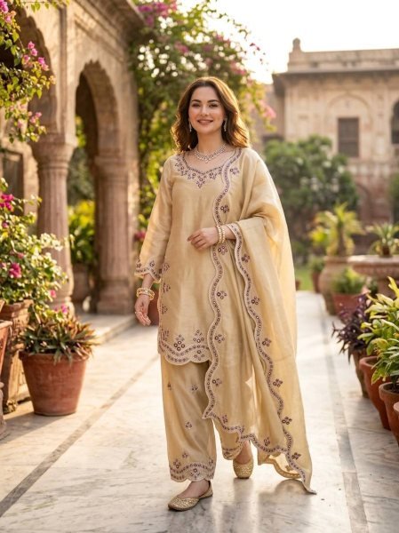 Trendy Cream Designer Palazzo Suit Set for Festive Occasions Ready To Wear Collection