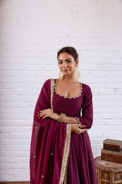 Trendy Daily Collection Wine Vichitra Silk Beads Work 4.5 Flair Anarkali With Full Sleeves And Bottom Dupatta Ready To Wear Collection