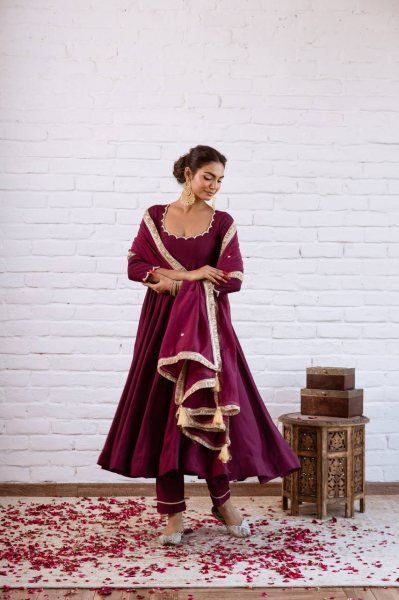 Trendy Daily Collection Wine Vichitra Silk Beads Work 4.5 Flair Anarkali With Full Sleeves And Bottom Dupatta Ready To Wear Collection