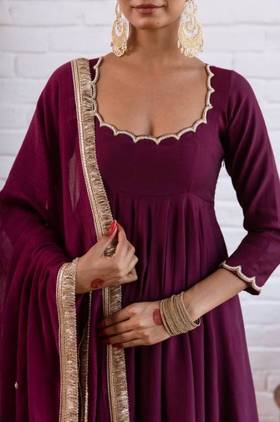 Trendy Daily Collection Wine Vichitra Silk Beads Work 4.5 Flair Anarkali With Full Sleeves And Bottom Dupatta Ready To Wear Collection