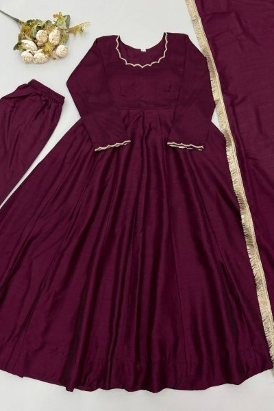 Trendy Daily Collection Wine Vichitra Silk Beads Work 4.5 Flair Anarkali With Full Sleeves And Bottom Dupatta Ready To Wear Collection