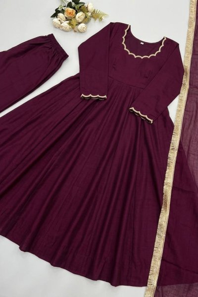 Trendy Daily Collection Wine Vichitra Silk Beads Work 4.5 Flair Anarkali With Full Sleeves And Bottom Dupatta Ready To Wear Collection