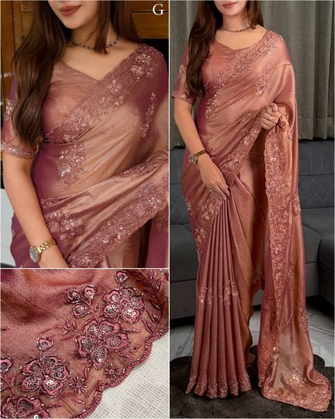 Trendy Dusty Rose Meri Gold Saree with Full Beads and Sequin Embroidery Work at Wedding Embroidery Sarees Wholesale