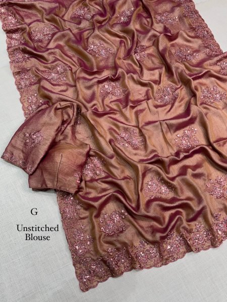 Trendy Dusty Rose Meri Gold Saree with Full Beads and Sequin Embroidery Work at Wedding Embroidery Sarees Wholesale