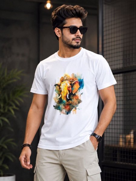 Trendy Ganpati Special Twill Cotton T-Shirt with Modern Ganesha Design 