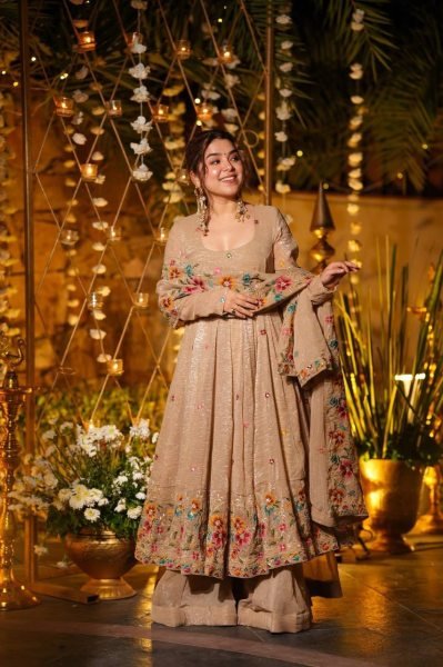 Trendy Garlic Cream  Crunchy Silk Sequence Embroidered Gown with Sharara   Dupatta for Women Wear  Embroidery Kurtis 