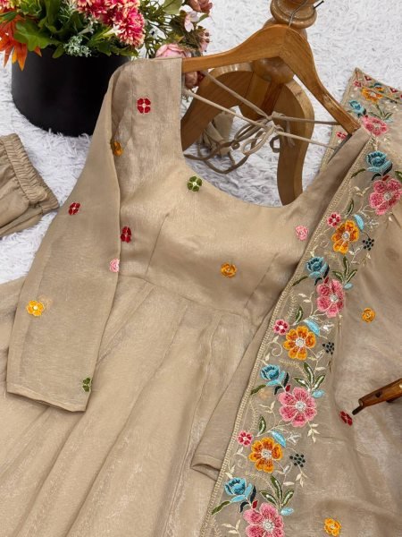 Trendy Garlic Cream  Crunchy Silk Sequence Embroidered Gown with Sharara   Dupatta for Women Wear  Embroidery Kurtis 