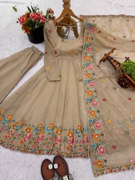 Trendy Garlic Cream  Crunchy Silk Sequence Embroidered Gown with Sharara   Dupatta for Women Wear  Embroidery Kurtis 