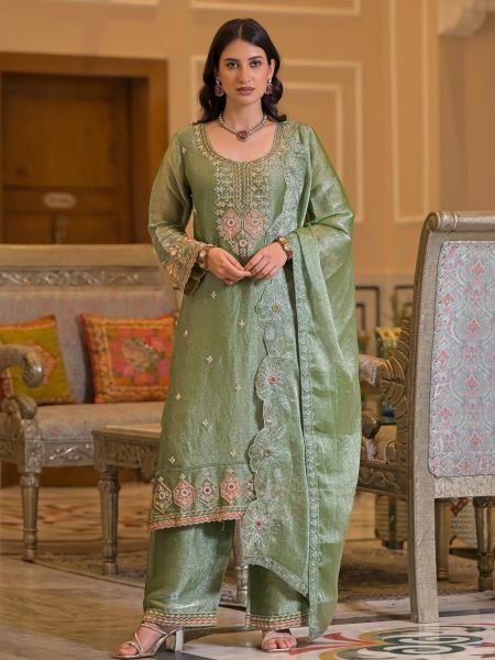 Trendy Green Crush Satin Embroidered Top Palazzo Dupatta Set with Beads Work Salwar Kameez