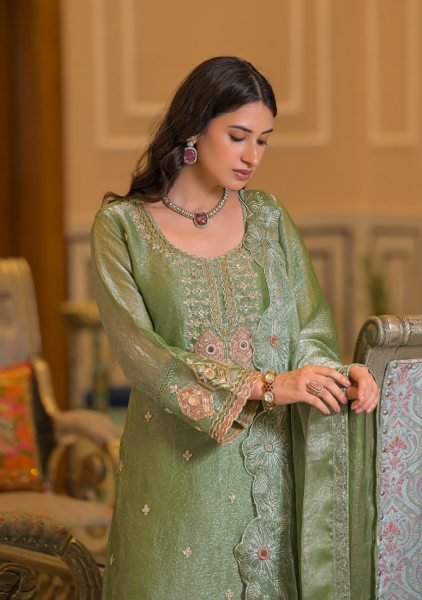 Trendy Green Crush Satin Embroidered Top Palazzo Dupatta Set with Beads Work Embroidery Suits Wholesale