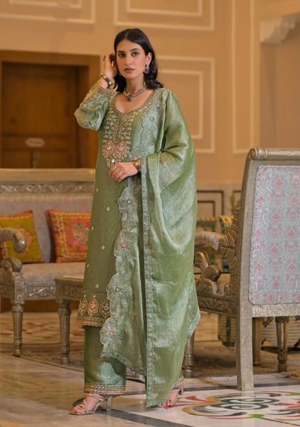 Trendy Green Crush Satin Embroidered Top Palazzo Dupatta Set with Beads Work Embroidery Suits Wholesale