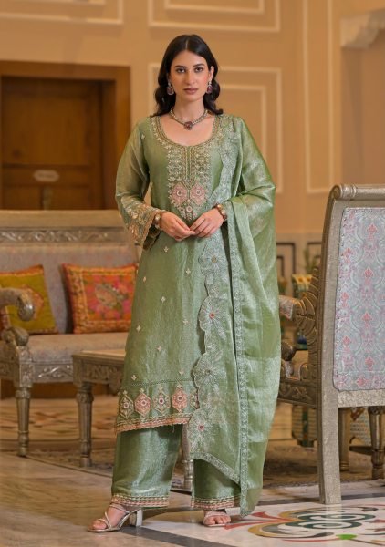 Trendy Green Crush Satin Embroidered Top Palazzo Dupatta Set with Beads Work Embroidery Suits Wholesale