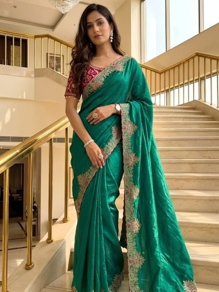 Trendy Green Fendy Satin Saree with Flower Pallu Embroidery and Meena Work Sarees 