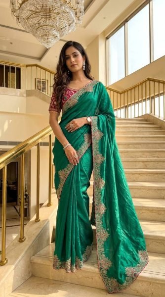 Trendy Green Fendy Satin Saree with Flower Pallu Embroidery and Meena Work Embroidery Sarees Wholesale
