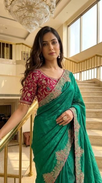 Trendy Green Fendy Satin Saree with Flower Pallu Embroidery and Meena Work Embroidery Sarees Wholesale