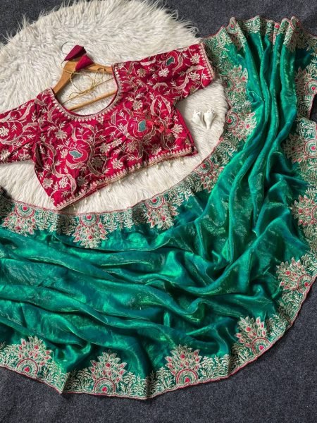 Trendy Green Fendy Satin Saree with Flower Pallu Embroidery and Meena Work Embroidery Sarees Wholesale