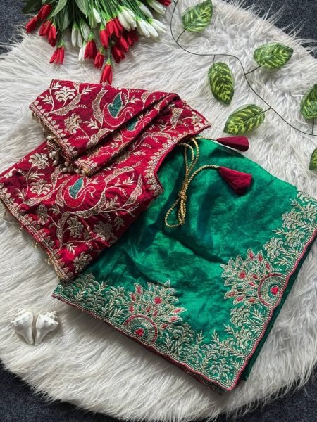 Trendy Green Fendy Satin Saree with Flower Pallu Embroidery and Meena Work Embroidery Sarees Wholesale