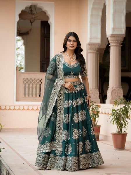 Trendy Green French Crepe Zari Sequence Embroidered Lehenga Choli for Wedding Functions Designer Lehenga Choli