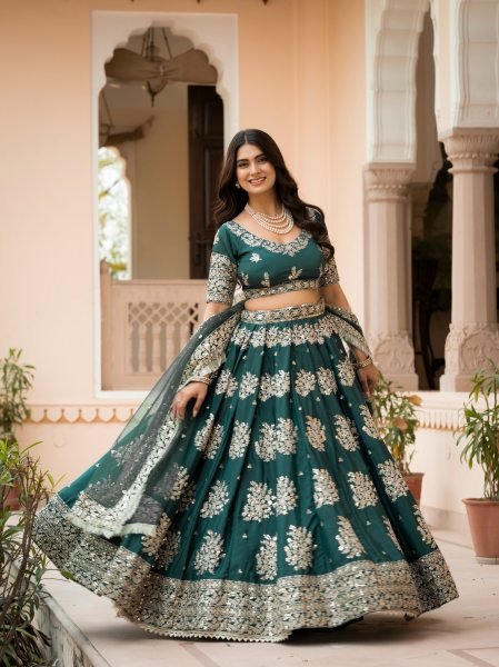 Trendy Green French Crepe Zari Sequence Embroidered Lehenga Choli for Wedding Functions Designer Lehenga Choli