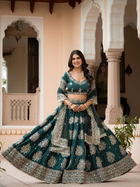 Trendy Green French Crepe Zari Sequence Embroidered Lehenga Choli for Wedding Functions Designer Lehenga Choli